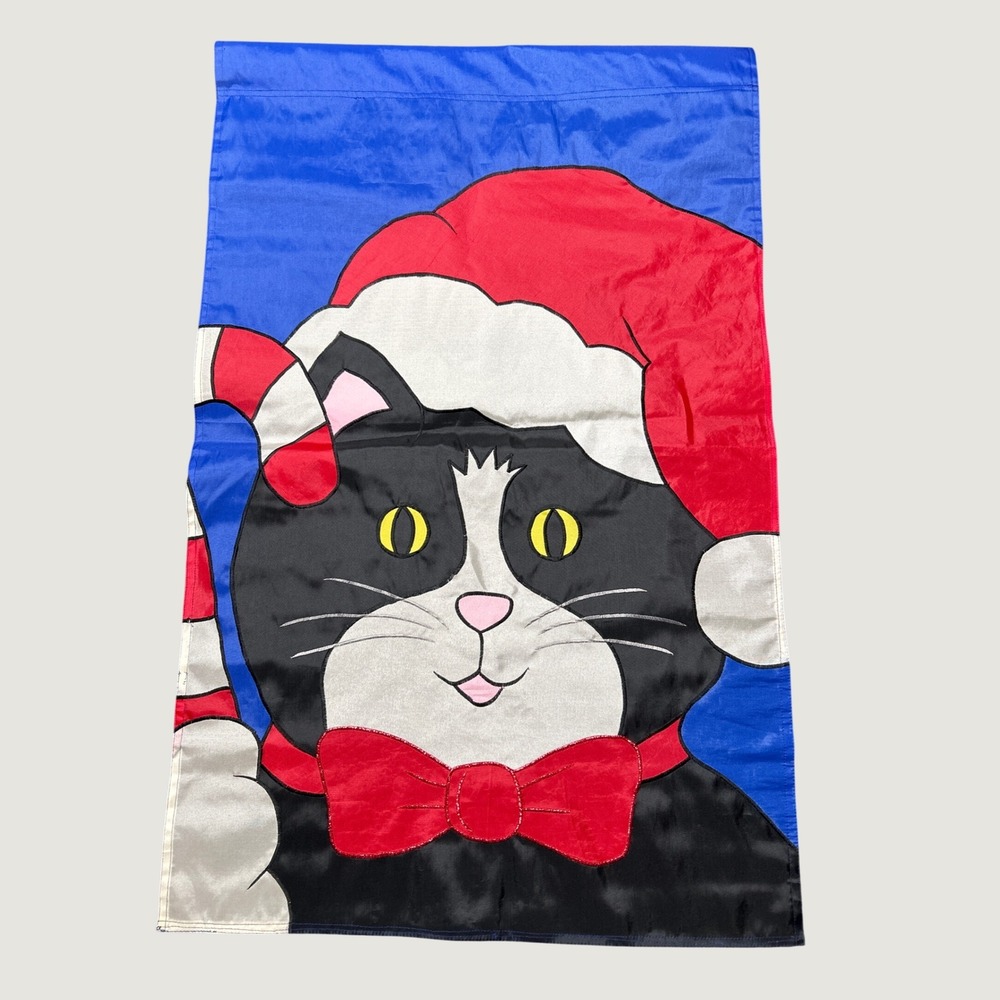 Garden Flag 43x27 Tuxedo Cat Santa Hat 1993 Vintage Kitten‎ Christmas Banner